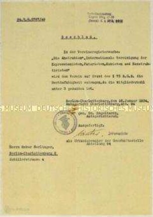 Beschluss des Amtsgerichtes Berlin-Charlottenburg zur Auflösung der Künstlervereinigung "Die Zeitgemäßen" (Die Abstrakten) - Sachkonvolut