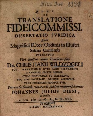 De Translatione Fideicommissi Dissertatio Jvridica