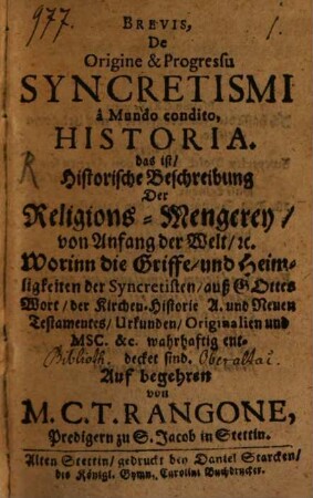 Brevis de origine Syncretismi ... historia