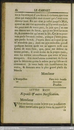 Lettre XXXV. Respondance & autre Notiffication
