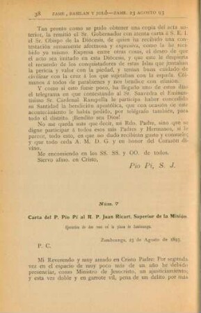 Núm. 7. Carta del P. Pío Pí al R. P. Juan Ricart, Superior de la Misión