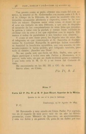 Núm. 7. Carta del P. Pío Pí al R. P. Juan Ricart, Superior de la Misión