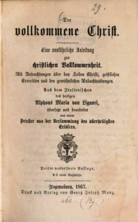 Der vollkommene Christ : Aus d. Ital. übers. u. bearb.