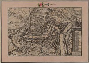 Vogelschaubild von Görlitz, Kupferstich, um 1719 : Görlitz / Daniel Pezold delineavit. J. G. Mentzel scs. Lips. - [S.l.] , [ca. 1719]. - 1 Vogelschaubild : Kupferst. , 38 x 25 cm