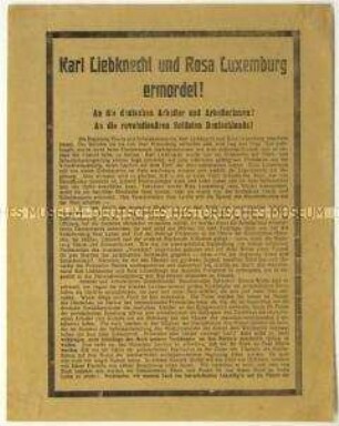 Flugblatt der KPD zur Ermordung von Karl Liebknecht und Rosa Luxemburg und gegen die Reichsregierung