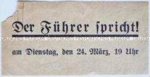 Handzettel mit der Ankündigung einer Hitler-Rede im Rundfunk