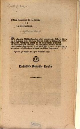 Deputationsbericht vom 13. November 1798 : M. Beyll. ; Dictatum Rat. d. 19. Nov. 1798