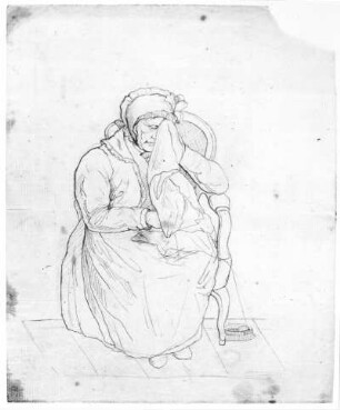 Alte Frau im Lehnstuhl : Rietschel, Ernst: Alte Frau im Lehnstuhl. 1822. Bleistift auf hellelfenbeinfarbenem Bütten; 20,2 x 16,7 cm. Privatbesitz, WVZ 30