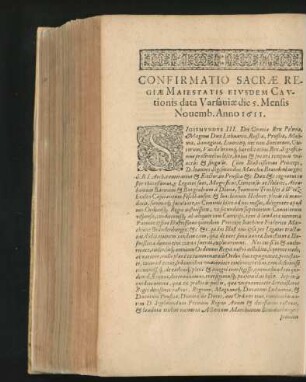 Confirmatio Sacrae Regiae Maiestatis Eiusdem Cautionis data Varsaviae die 5. Mensis Novemb. Anno 1611.