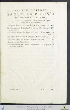 Elenchus Operum Sancti Ambrosii ... quae in hoc tomo continentur.