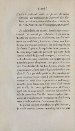 L'article suivant écrit en forme de lettre adressée au rédacteur du Journal des Débats, ...