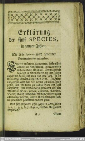 Erklärung der fünf Species, in ganzen Zahlen