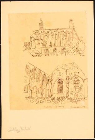 Neue Kirche, Straßburg: Durchzeichnung, Innenansicht und Seitenansicht vom ausgebrannten Zustand 1870/71 ?, nach La guerre illustrée, p. 544 und 541