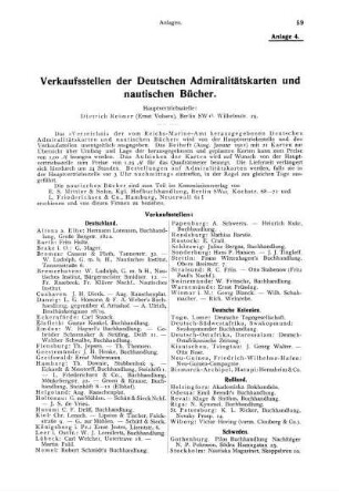 Anlage 4. Verkaufsstellen der Deutschen Admiralitätskarten und nautischen Bücher.