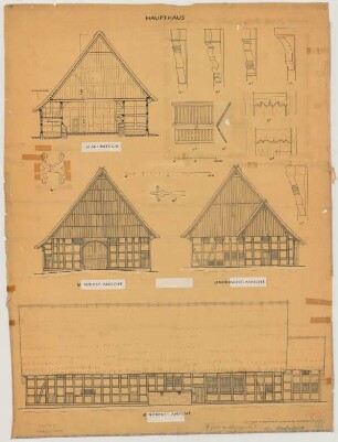 Avenwedde (Kreis Wiedenbrück): Hof Meier Avenwedde. - Haupthaus (Nordostansicht, Nordwestansicht, Südostansicht, Querschnitt). - Knaggen des Haupthauses mit Vorbau (Detailansichten). - Beschlag des Tores im Haupthaus (Detailansicht). - Kurzbeschlag der Stubentür im Haupthaus (Detailansicht). - Stalltürsturz des Haupthauses (Detailansicht). - Knagge des Backhauses (Detailansicht). - Knagge des Heuerlingshauses (Detailansicht). - Knagge der Schafscheune (Detailansicht). - Pferdekrippe (Detailansicht, Schnitt)