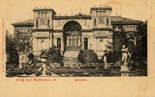 Postkartenalbum mit Motiven von Karlsruhe. "Gruß aus Karlsruhe in Baden. Festhalle". Eingangsbereich der Festhalle