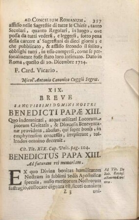 XIX. Breve Sanctissimi Domini Nostri Benedicti Papae XIII.