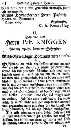 II. Das von dem Herrn Past. Kniggen Hierauf erfolgte Antwort-Schreiben.