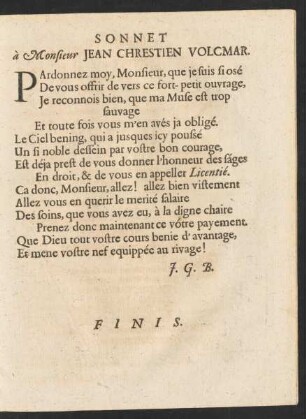 Sonnet à Monsieur Jean Chrestien Volcmar.