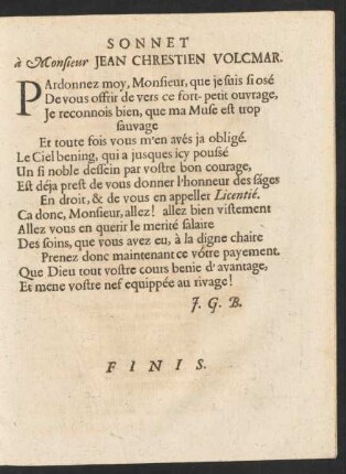 Sonnet à Monsieur Jean Chrestien Volcmar.