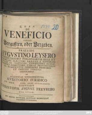De Veneficio Vulgo: Vergifften, oder Vergeben