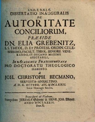 Dissertatio Inauguralis De Autoritate Conciliorum