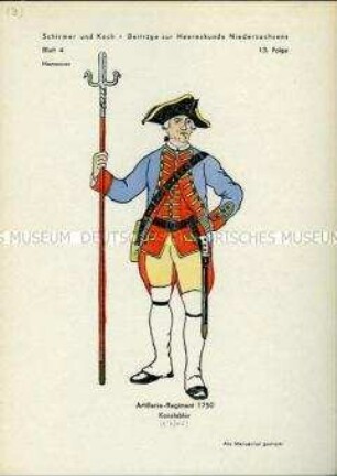 Uniformdarstellung, Konstabler der Artillerie mit Luntenspieß, Kurfürstentum Hannover, 1750.