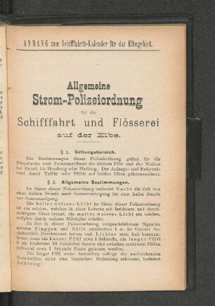 Allgemeine Strom-Polizeiordnung für die Schifffahrt und Flösserei auf der Elbe.