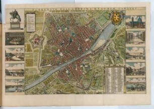 Vogelschauplan von Florenz, 1:9 000, kolorierter Kupferstich, um 1682 : Florentia Pulcherrima Etruriae Civitas . - [Ca. 1:9 000]. - [Amsterdam] : [Bÿ d' Erfsgenamen van Joannes Janssonius van Waesberge], [1682]. - 1 Vogelschauplan : Kupferstich. ; 52 x 44 cm (Karte) +++ Mit Gebäudeverz. - Mit Bildrahmen mit 10 Ansichten