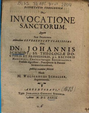 Disputatio Theologica De Invocatione Sanctorum