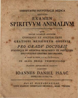 Diss. inaug. med. examen spirituum animalium sistens
