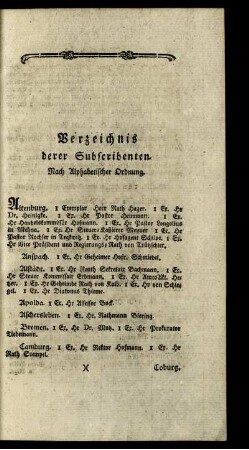 Verzeichnis derer Subscribenten. Nach Alphabetischer Ordnung.