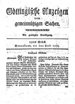 23tes Stück. Sonnabend, den 6ten Junii 1778.