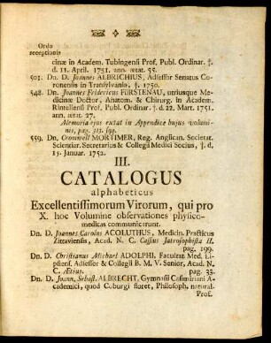 III. Catalogus alphabeticus Excellentissimorum Virorum, qui pro X. hoc Volumine observationes physico-medicas communicarunt