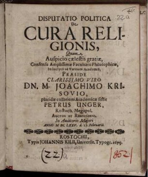Disputatio Politica De Cura Religionis