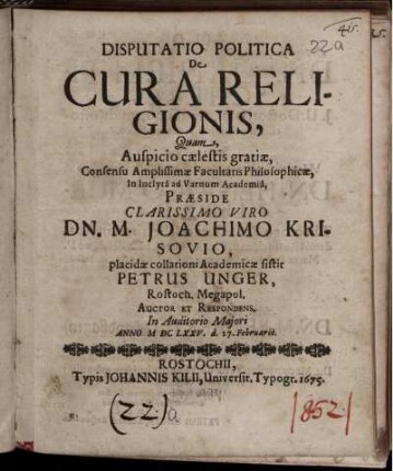 Disputatio Politica De Cura Religionis