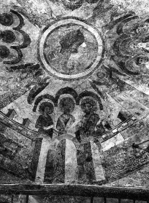 Himmlisches Jerusalem mit Christus und drei Aposteln : Himmlisches Jerusalem mit Christus und drei Aposteln. Fresko (1265-1270?). Matrei in Osttirol-Ganz, Filialkirche Sankt Nikolaus, Oberchor, Georgskapelle