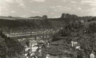 Sächsische Schweiz. Blick über Krippen und die Elbe nach Bad Schandau-Postelwitz, Falkenstein und Schrammsteine