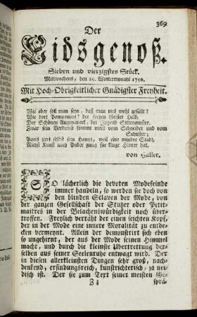 Sieben und vierzigstes Stück. Mittwochens, den 25. Wintermonats 1750.