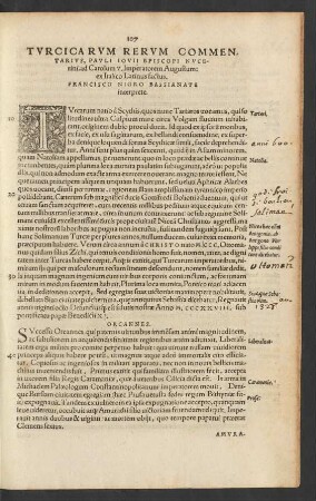 Turcicarum Rerum Commentarius, Pauli Iovii Episcopi Nucerini ... ex Italico Latinus factus. Francisco Nigro Bassianate interprete.