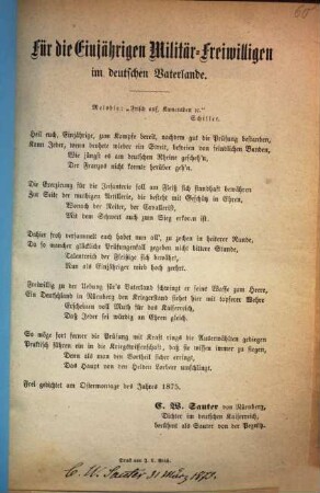 Für die einjährigen Militär-Freiwilligen im deutschen Vaterlande