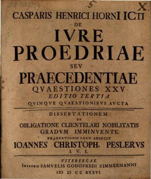 De iure proedriae, seu praecedentiae, variarum quaestionum decades duae