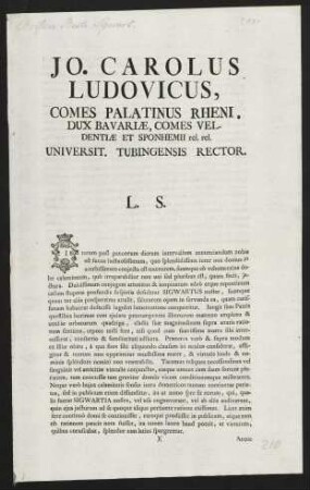 Jo. Carolus Ludovicus, Comes Palatinus Rheni, Dux Bavariae...