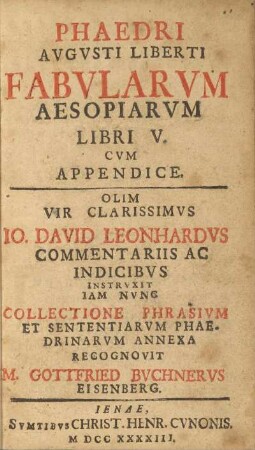 Phaedri Avgusti Liberti Fabvlarum Aesopiarum Libri V.