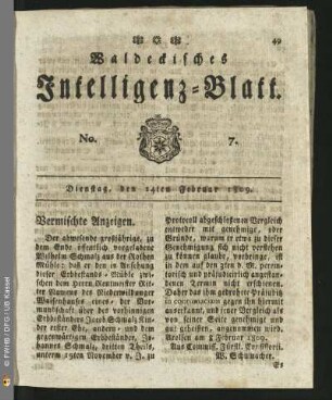 No. 7. Dienstag, den 14ten Februar 1809