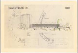 Wohnhausgruppe im sozialen Wohnungsbau Schinkelwettbewerb 1954: Grundrisse EG, 1.OG, Perspektivische Ansicht