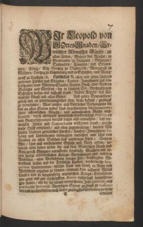 Wir Leopold von Gottes Gnades/ Erwöhlter Römischer Käyser ...
