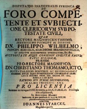 Tractatio iuridica de foro competente et subiectione clericorum sub potestate civili