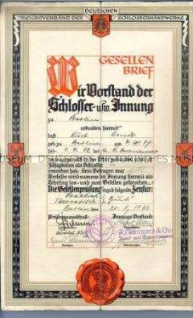 Gesellenbrief der Schlosserinnung - Familienkonvolut