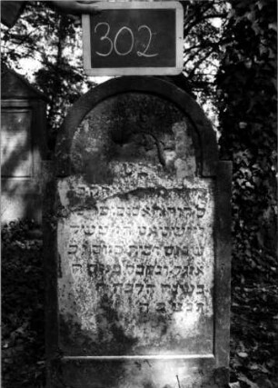 Grabstein 302 (Index: 100112012) Material: Sandstein Zustand: stark verwittert, zerbrochen und repariert mit Textverlust Maße HxBxT: 93x49x12 cm Beschreibung: Stele, eingezogener Rundbogenabschluß, Schriftfeld eingetieft Symbolik: geknickte Rose Besonderheit: Kindergrab: Grabstein 302